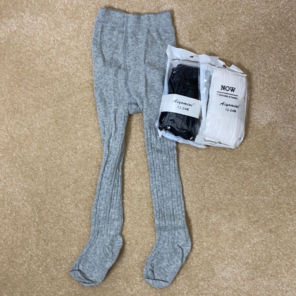 Girls Ribbed Infant Toddler Tights 12-24 months Black Gray White (3 Pairs) NEW